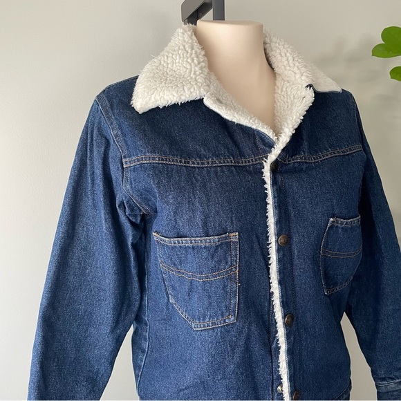 Vintage Sherpa Fleece Lined Denim Jacket Button Down Dark Medium Wash Size Small - Picture 10 of 12